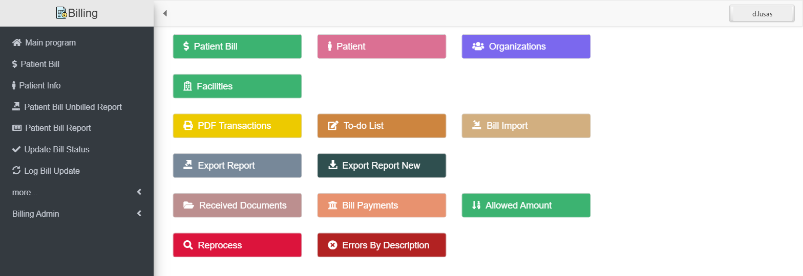 OmniWound EMR billing workspace menu with patient bills, payments, reports, and claim-rejection triage tools