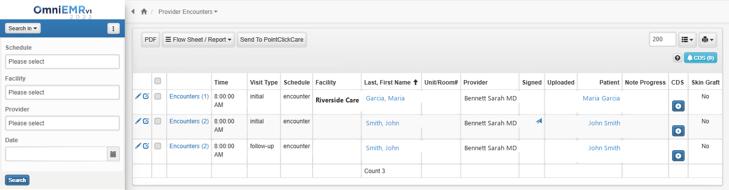 OmniWound EMR daily encounter worklist showing scheduled facility visits with signature status and PointClickCare sync
