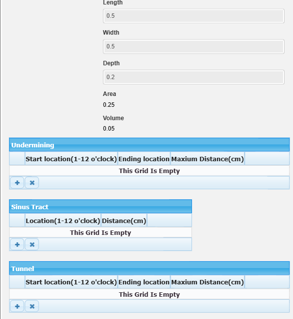 OmniWound EMR wound measurement screen with length, width, depth, auto-calculated area and volume, undermining, sinus tract, and tunneling fields